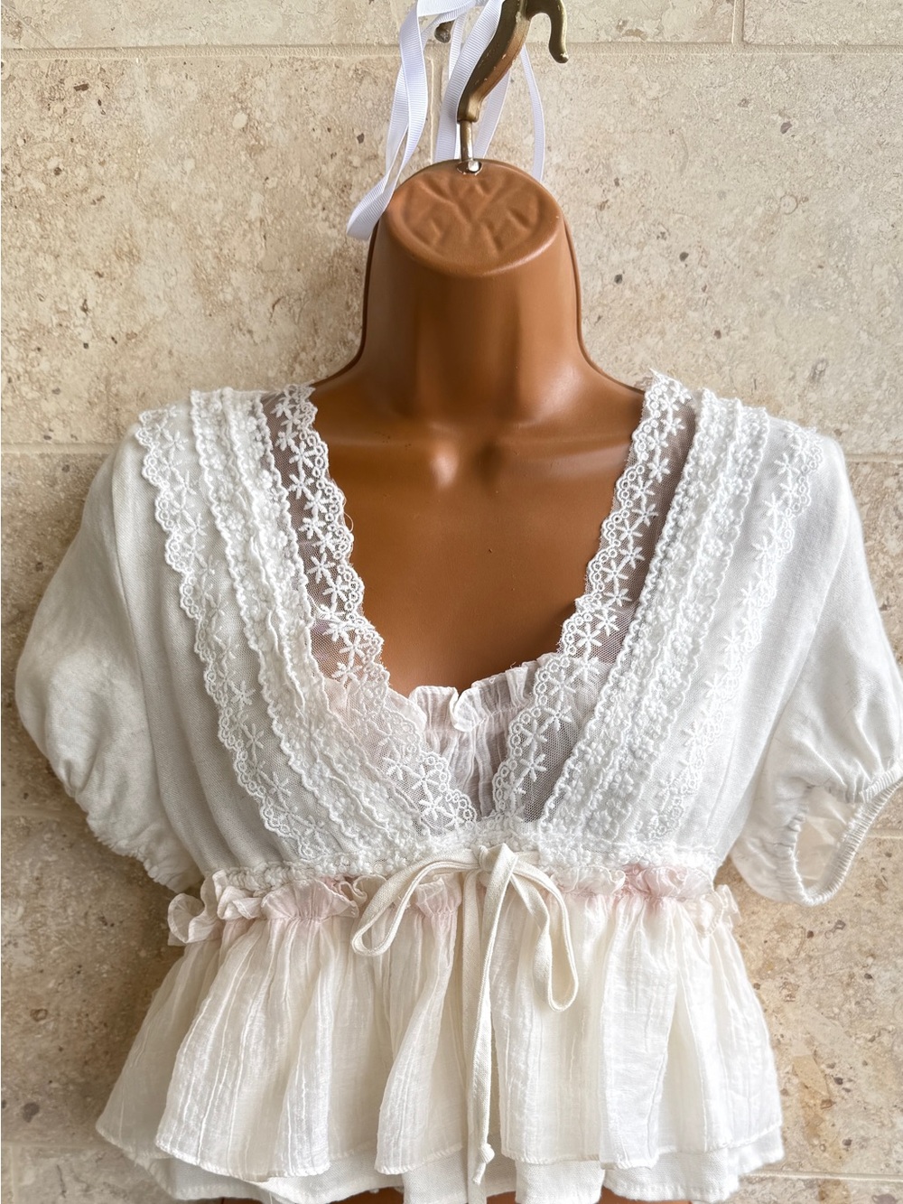 Women’s White Lace-Trim Peplum Sleep Top